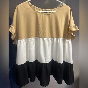 EMERY ROSE size 3XL, Elegant Tan, White, and Black Ruffle Top. NWT!